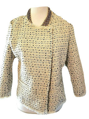Adrienne Vittadini Womens Off White Open Hang Lined Fringe Trim Jacket Medium M